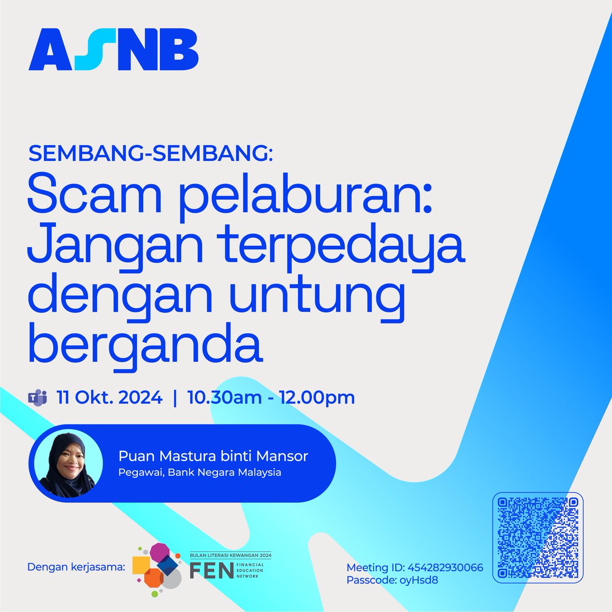 ASNBmy_official's tweet photo. Dapatkan perkongsian berkenaan skim penipuan pelaburan dengan menyertai Webinar Sembang-Sembang ASNB bersama Puan Mastura binti Mansor, Pegawai, Bank Negara Malaysia pada 11 Oktober 2024 jam 10.30 pagi menerusi Teams.
Link Teams: https://t.co/psCog9Drg8
#WebinarASNB https://t.co/1abOImTQVg