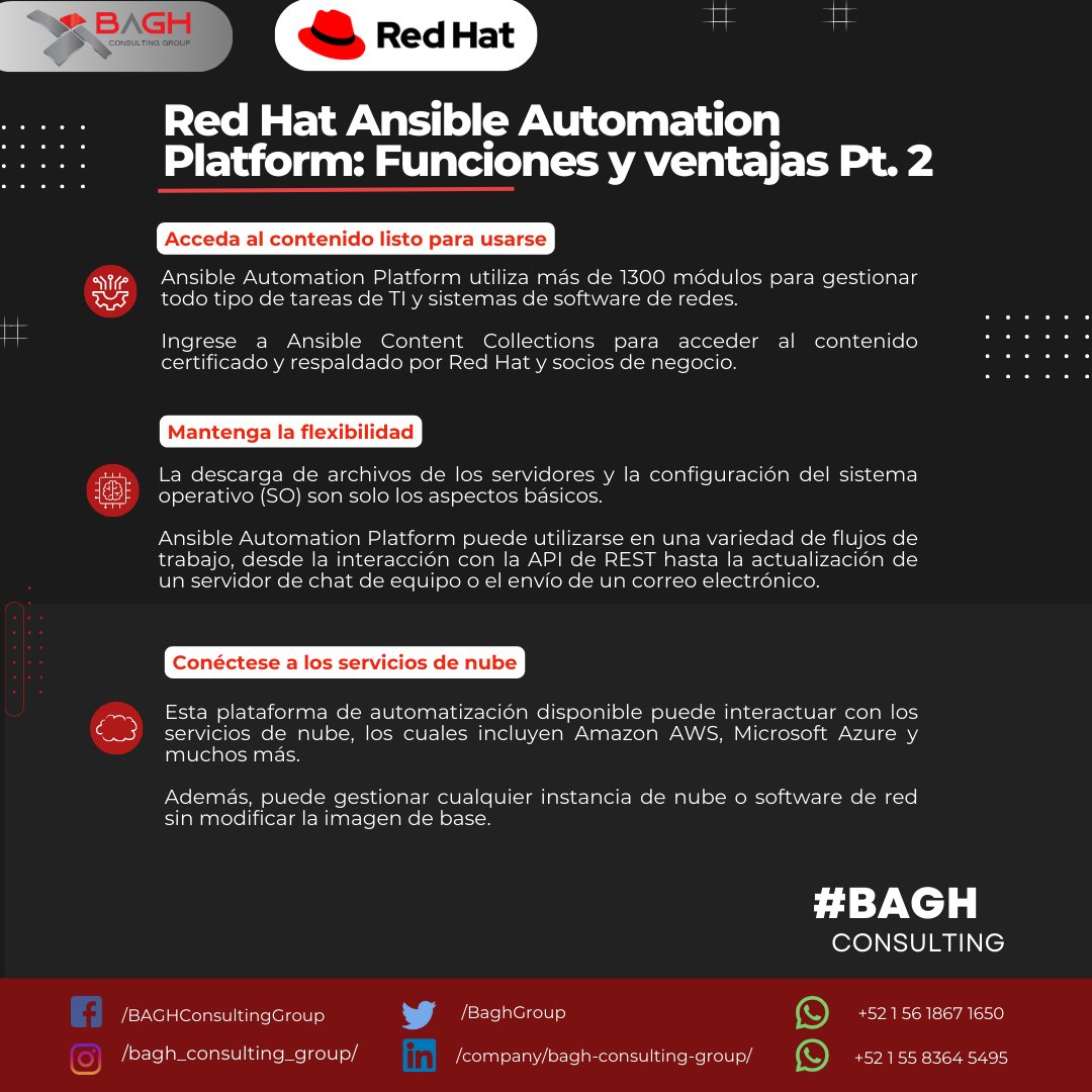 BaghGroup's tweet photo. Red Hat Ansible Automation Platform; Funciones y ventajas Pt. 2

#RedHat #AAP #Ansible #Automation #Platform #OS #IA #Tasks #API #AWS #MS #DigitalTransformation
#BusinessContinuity #BAGH #Consulting https://t.co/znNMsr30sn