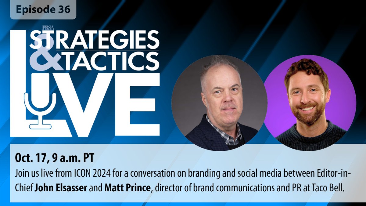 Join us live at #PRSAICON in Anaheim, Calif., for a conversation on branding &amp; social media with <a href="/JohnElsasser/">JohnElsasser</a> and Matt Prince, Director of Brand Comms at <a href="/TacoBell/">Taco Bell</a>! 🎤🌮Tune in on Oct. 17 at 9 am PT: bit.ly/3NaOEHx <a href="/prsa/">PRSA</a> #prsa