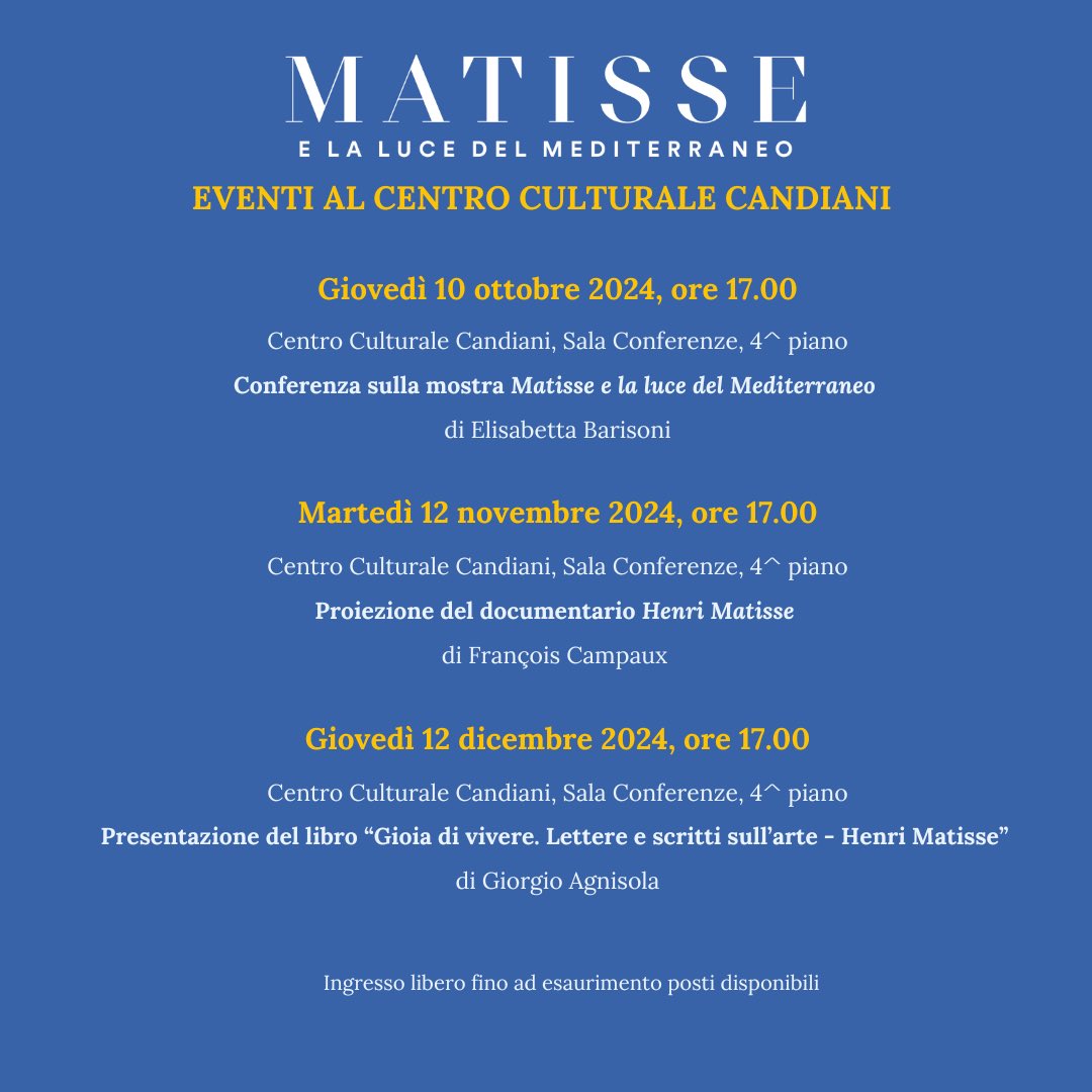 ✨ È iniziato il ciclo di EVENTI al Centro Culturale Candiani di #Mestre per la #mostra MATISSE e la luce del Mediterraneo, con la conferenza di Elisabetta Barisoni, Responsabile di Ca' Pesaro e curatrice della mostra. 

🗓️PROSSIMI EVENTI &gt;  muvemestre.visitmuve.it/matisse/eventi

#visitMUVE