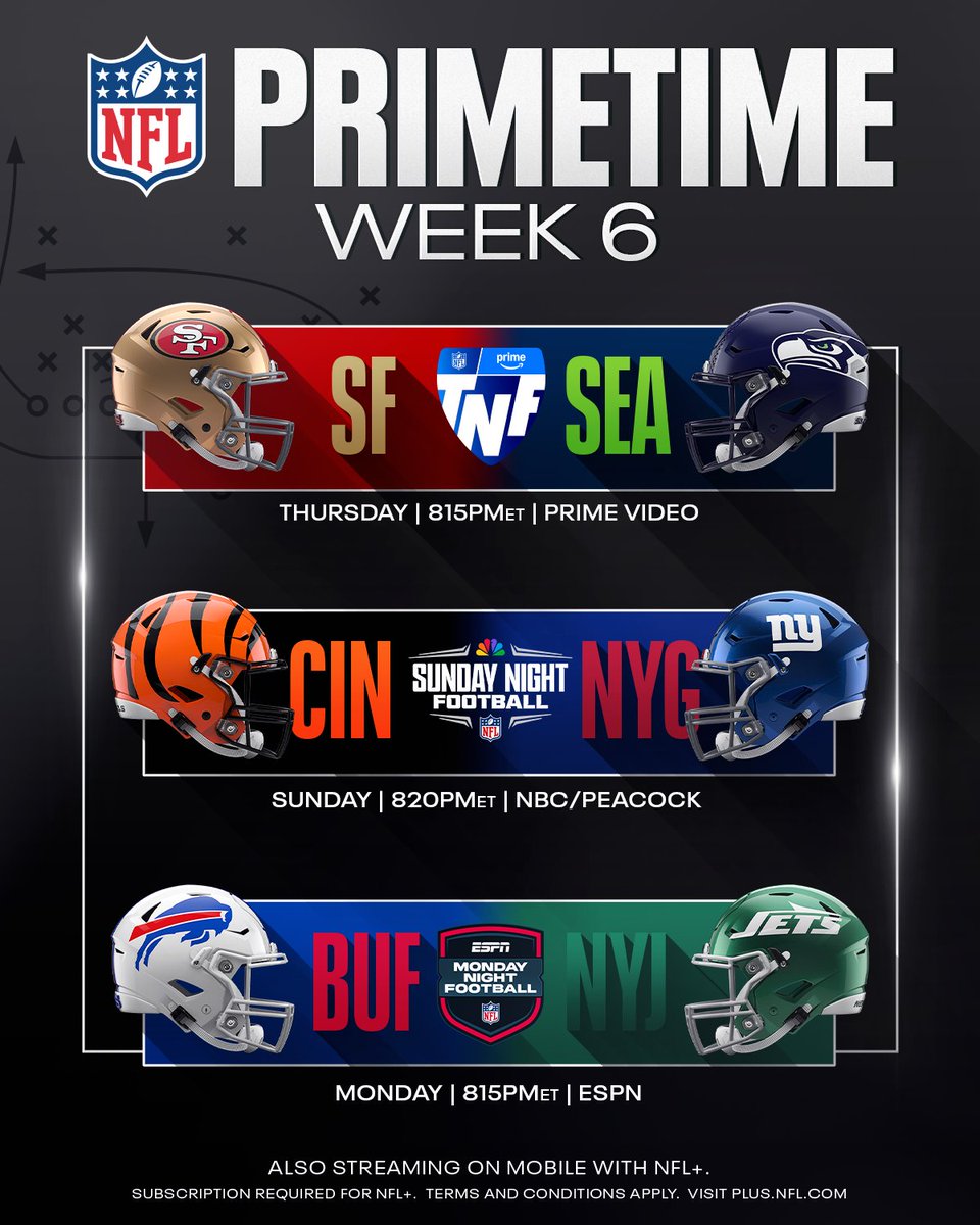 NFL's tweet photo. The primetime winners in Week 6 will be...

 📱: Stream on #NFLPlus https://t.co/TDwUEXEOkL