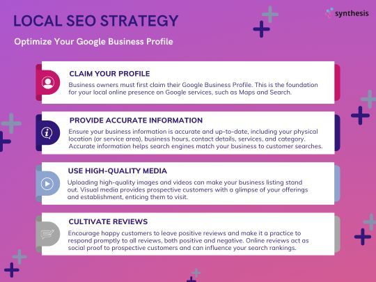 AndreRosdahl's tweet photo. Want to boost your local SEO? Optimize your Google Business Profile with these steps:

1. Claim Your Profile ✅
2. Provide Accurate Info 📍
3. Use High-Quality Media 📸
4. Cultivate Reviews 🌟

Enhance your visibility &amp; attract local customers! #LocalSEO #GoogleBusinessProfile https://t.co/oNFntZsEQU