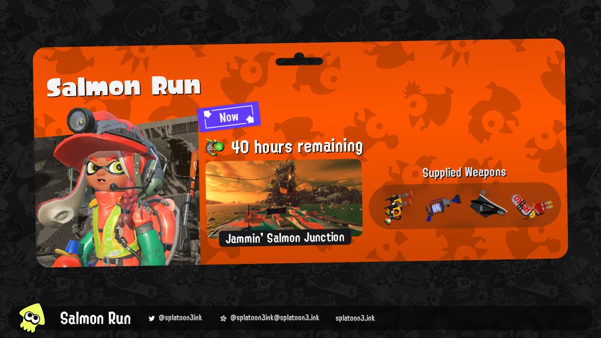 Splatoon3ink's tweet photo. Salmon Run is now open on Jammin' Salmon Junction! #salmonrun #splatoon3

King Salmonid: Horrorboros

Current weapons:
– Douser Dualies FF
– H-3 Nozzlenose
– Bloblobber
– Hydra Splatling https://t.co/SaCZOuhTwK