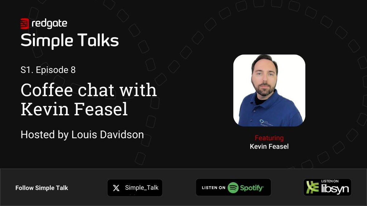 Ryan Booz (@ryanbooz) on Twitter photo Episode #8 of the Simple Talks podcast is out. Listen to <a href="/drsql/">Louis Davidson</a> and <a href="/feaselkl/">Kevin Feasel</a> talk about database design, conference, battle tech games, and more!
Spotify: buff.ly/480ETFo
YouTube: buff.ly/3NlZr1F
For all past episodes, check out: buff.ly/484EYb1 Episode #8 of the Simple Talks podcast is out. Listen to <a href="/drsql/">Louis Davidson</a> and <a href="/feaselkl/">Kevin Feasel</a> talk about database design, conference, battle tech games, and more!
Spotify: buff.ly/480ETFo
YouTube: buff.ly/3NlZr1F
For all past episodes, check out: buff.ly/484EYb1