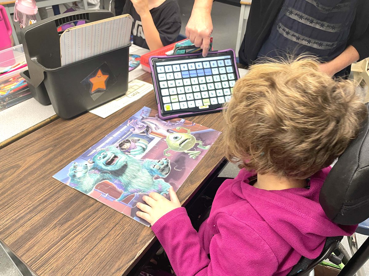 set_bc's tweet image. Darren recently visited a Quesnel school to support a student using a Nova Chat. Here they communicate while completing a Monsters Inc puzzle. 

#AssistiveTechnology #AAC #AugmentativeAndAlternativeCommunication #NovaChat @prcsaltillo #SupportingStudents #SD28