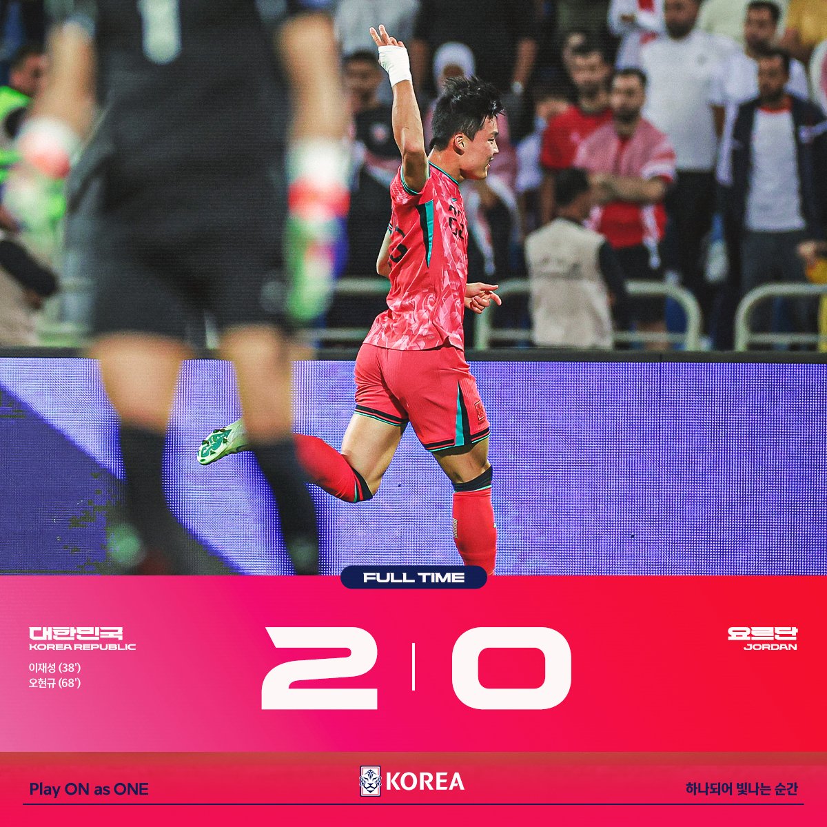 [FT] 대한민국🇰🇷 2-0 🇯🇴요르단
오현규의 추가골에 힘 입어, 승점 3점을 가져가는 대한민국!
이 분위기 그대로 용인으로 향합니다! 응원해주신 축구 팬 여러분, 감사드립니다!👍🏻

✔2026 FIFA 월드컵 아시아 3차 예선
🇰🇷v🇮🇶#이라크 2024.10.15 (화) 20:00
🏟용인미르스타디움 📺 쿠팡플레이, KBS