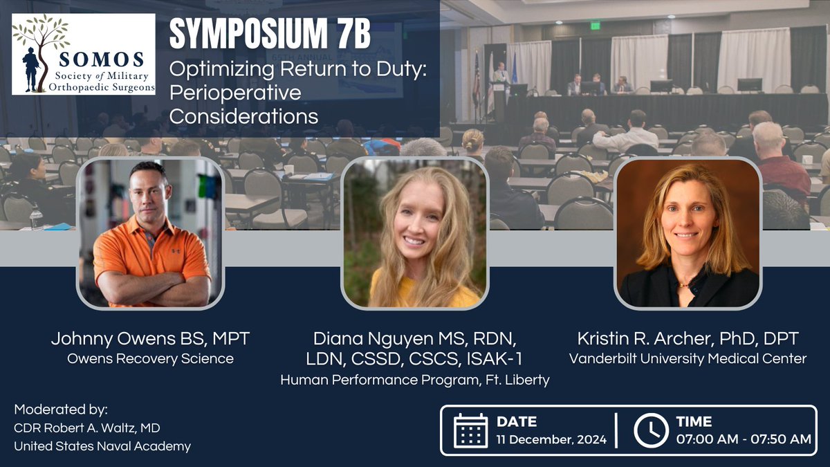 Society of Military Orthopaedic Surgeons (@milortho) on Twitter photo Join us for a symposium on optimizing return to duty with insights on rehab, nutrition, and performance psychology. Stay ahead in supporting successful recoveries! bit.ly/3yT60oR #SOMOS2024
<a href="/Owens_Recovery/">Owens Recovery</a> <a href="/NguyenNutrition/">Diana Nguyen MS, RD, LD, CSSD, CSCS, ISAK-1</a> <a href="/VUMChealth/">Vanderbilt Health</a> Join us for a symposium on optimizing return to duty with insights on rehab, nutrition, and performance psychology. Stay ahead in supporting successful recoveries! bit.ly/3yT60oR #SOMOS2024
<a href="/Owens_Recovery/">Owens Recovery</a> <a href="/NguyenNutrition/">Diana Nguyen MS, RD, LD, CSSD, CSCS, ISAK-1</a> <a href="/VUMChealth/">Vanderbilt Health</a>