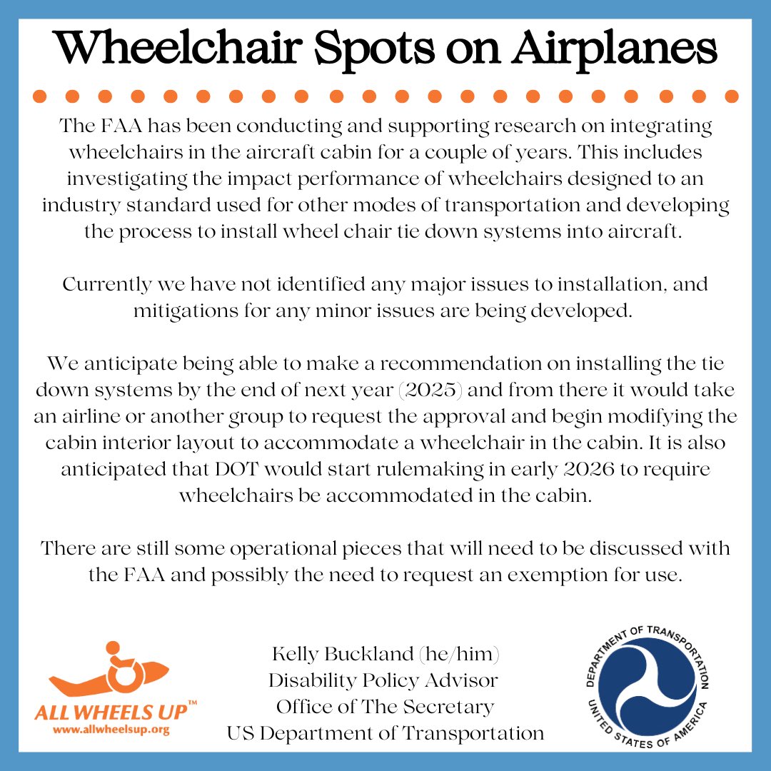 allwheelsup's tweet image. A tremendous step for Accessible Air Travel and one that we have been working toward since we started the initiative for a wheelchair spot on planes 15 years ago 🧡💙

#FlyInclusive #AllWheelsUp #AccessiblityMatters #WheelchairSpotsOnAirplanes #AccessibleTravel #Wheelchair