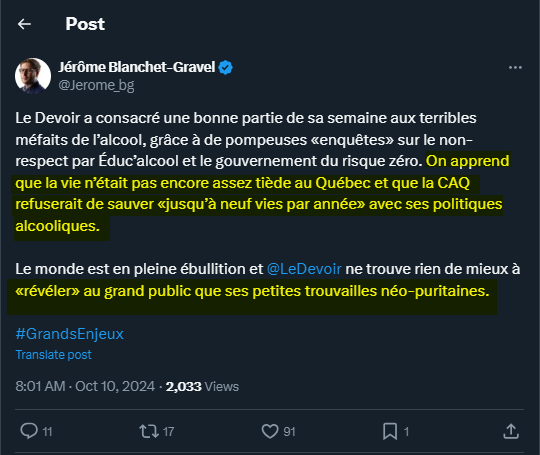 soplam12's tweet photo. Ne reculant devant aucune, mais aucune raison de chigner, Jérome le délicat et omniscient Blanchet Gravel trouve le moyen de défendre la #bartay de boire et de conduire son char dans un québette déjà trop tiède et mené par des sanitaro-puritaino-wokistes.. https://t.co/bLtR1bs1IZ