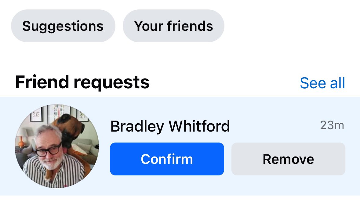 lmarks84's tweet photo. @BradleyWhitford someone pretending to be you on Facebook - sad coz I’d be over the moon if this was real! https://t.co/0DfsKuS3b2