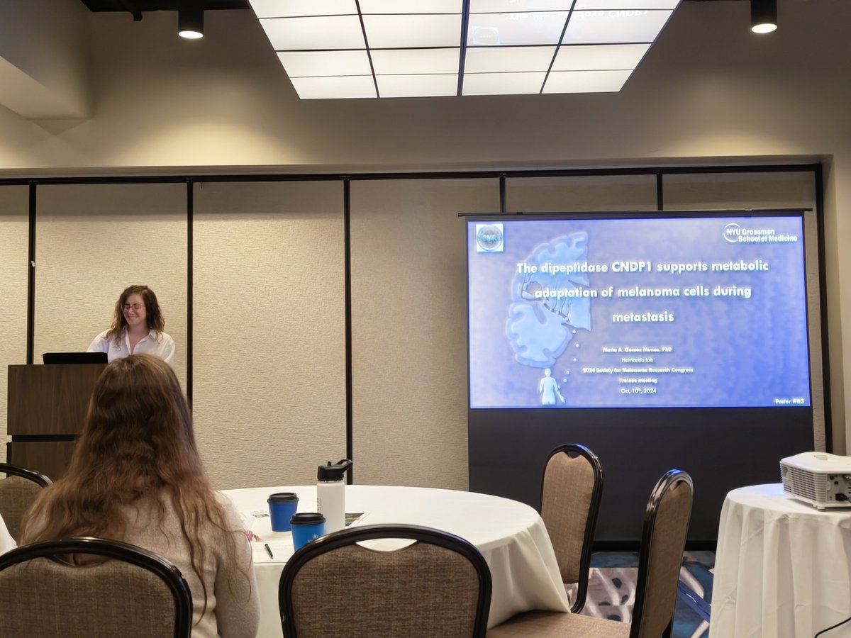 Daniela Robles @daniela-oaks.bsky.social (@daniela_oaks) on Twitter photo Our next talk in the #TraineeMeeting <a href="/SocietyMelanoma/">Society For Melanoma Research</a> is by Maria Gomez <a href="/nyugrossman/">NYU Grossman School of Medicine</a>, who is talking about CNDP1 and how it helps #melanoma cells adapt during metastasis Our next talk in the #TraineeMeeting <a href="/SocietyMelanoma/">Society For Melanoma Research</a> is by Maria Gomez <a href="/nyugrossman/">NYU Grossman School of Medicine</a>, who is talking about CNDP1 and how it helps #melanoma cells adapt during metastasis