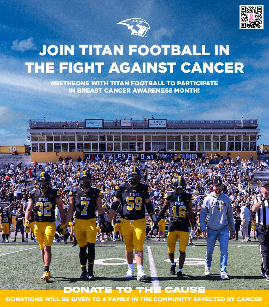 #BeTheOne with Titan Football to participate in Breast Cancer Awareness Month!

Join us in wearing pink with your Titan Football gear at our October home games as we collect donations to support a local family affected by cancer.

🔗 bit.ly/3XTsuOM

#GoldStandard | #BCA
