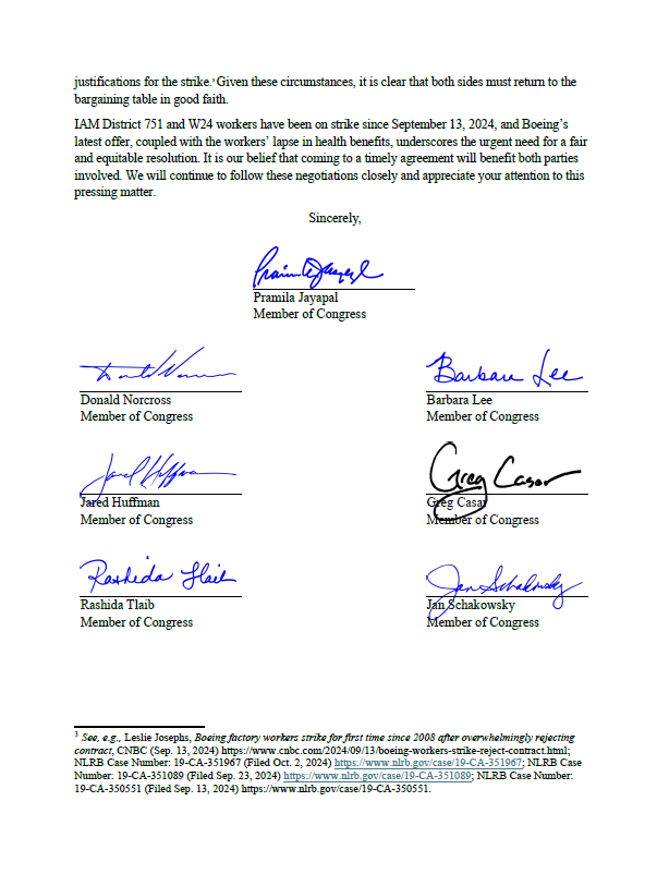 IAM_Union's tweet image. NEW: 30 members of Congress, led by @RepJayapal and @USProgressives, call on @Boeing to return to the negotiating table for a fair contract with 33,000 IAM members.

The offer falls short of worker demands, even as the company compensated its CEO more than $32 million in 2023.