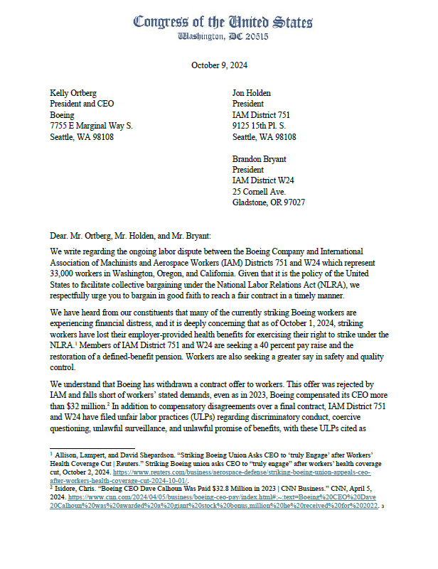 IAM_Union's tweet image. NEW: 30 members of Congress, led by @RepJayapal and @USProgressives, call on @Boeing to return to the negotiating table for a fair contract with 33,000 IAM members.

The offer falls short of worker demands, even as the company compensated its CEO more than $32 million in 2023.