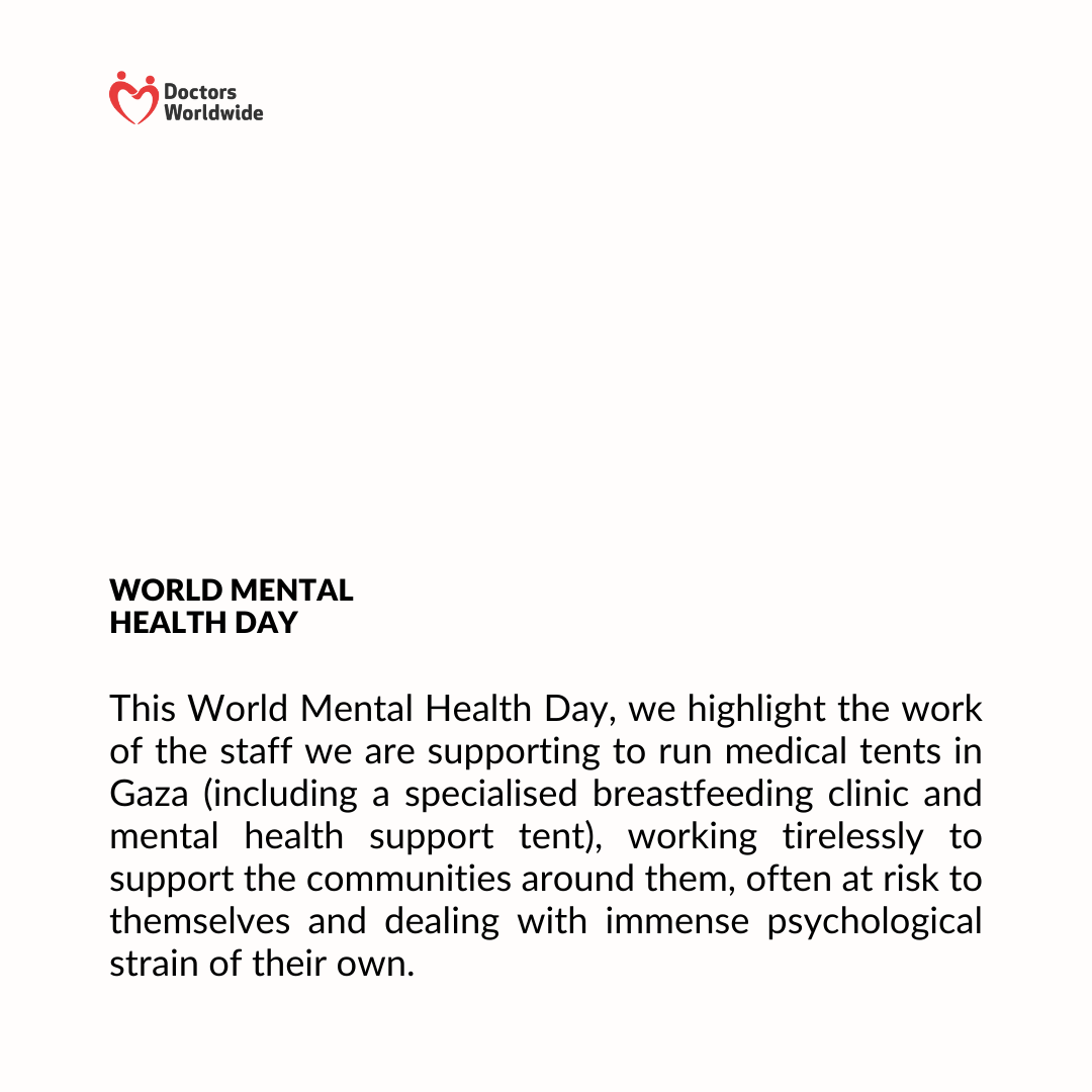 dwwuk's tweet photo. This #WorldMentalHealthDay we highlight the work of the staff we are supporting to run medical tents in #Gaza (inc a breastfeeding clinic &amp; mental health tent), working tirelessly to support their communities, at risk to themselves &amp; dealing with psychological strain of their own https://t.co/0rzK54BVKk