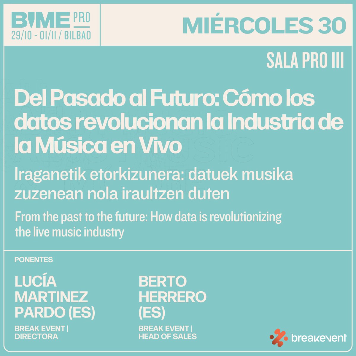 💬 Los talleres BIME abordarán temas clave para la industria, como la carrera artística, las proyecciones tecnológicas, la generación de audiencias y dónde invertir. Contaremos con ponentes de alto perfil que compartirán su experiencia.

Tickets en bime.org