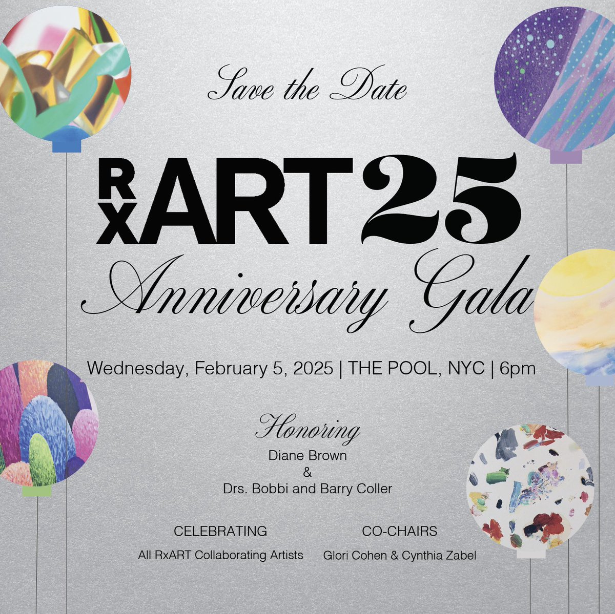 SAVE THE DATE ✨On February 5, 2025, please join us at THE POOL in NYC for an unforgettable evening as we celebrate RxART's 25th Anniversary Gala ✨ For more information visit: rxart.org/events-25thgala