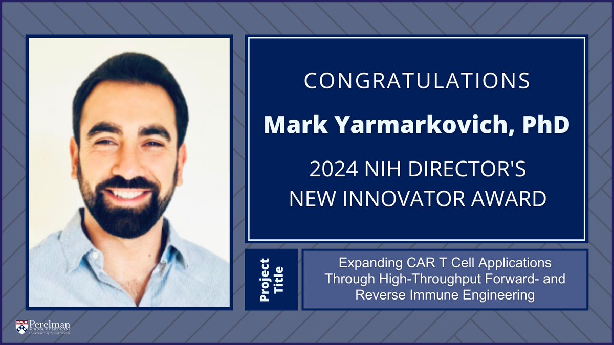 Penn Medicine CSO (@pennmedcso) on Twitter photo Congratulations to <a href="/yarmo111/">Mark Yarmarkovich</a> (<a href="/NyuMed/">New York University School of Medicine</a>/ <a href="/CAMBUpenn/">CAMB Graduate Group</a> Alumni), recipient of the @NIHDirector's New Innovator Award! Learn more about Dr. Yarmarkovich's project➡️ tinyurl.com/y37mf2ac and research interests here➡️ tinyurl.com/42jpv7f6 #NIHHighRisk <a href="/NIH_CommonFund/">NIH Common Fund</a> Congratulations to <a href="/yarmo111/">Mark Yarmarkovich</a> (<a href="/NyuMed/">New York University School of Medicine</a>/ <a href="/CAMBUpenn/">CAMB Graduate Group</a> Alumni), recipient of the @NIHDirector's New Innovator Award! Learn more about Dr. Yarmarkovich's project➡️ tinyurl.com/y37mf2ac and research interests here➡️ tinyurl.com/42jpv7f6 #NIHHighRisk <a href="/NIH_CommonFund/">NIH Common Fund</a>