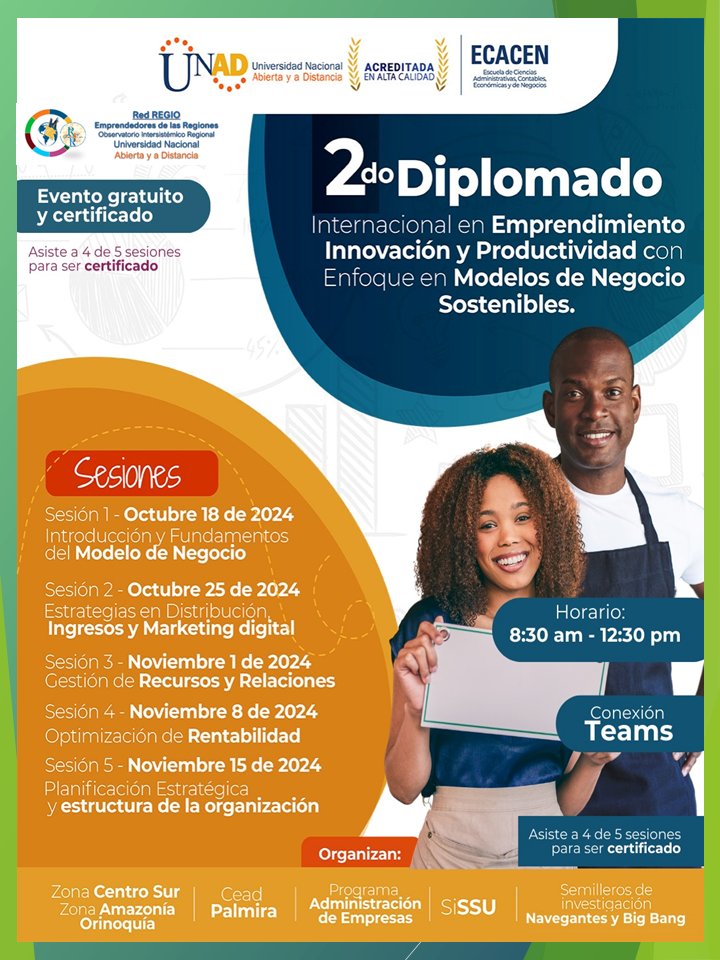 ElOIRdelaRegion's tweet photo. @jhonfer25 @MileidysSanch18 @nmmorenol @julialbaangelo @maria__angie__v @RedEUNAD @VIEMUNAD @UniversidadUNAD @parlamentomeye @Emprendedores #REDRegioInvita @unad_zcsur @unadzao  Administración de Empresas @EcacenZ ; Invitan al 2do Diplomado Internacional en Emprendimiento Innovación y Productividad con Enfoque en Modelos de Negocios Sostenibles🌿 
📲Enlace de inscripción:
https://t.co/iznQjjBw5D https://t.co/UrkZBxDR68