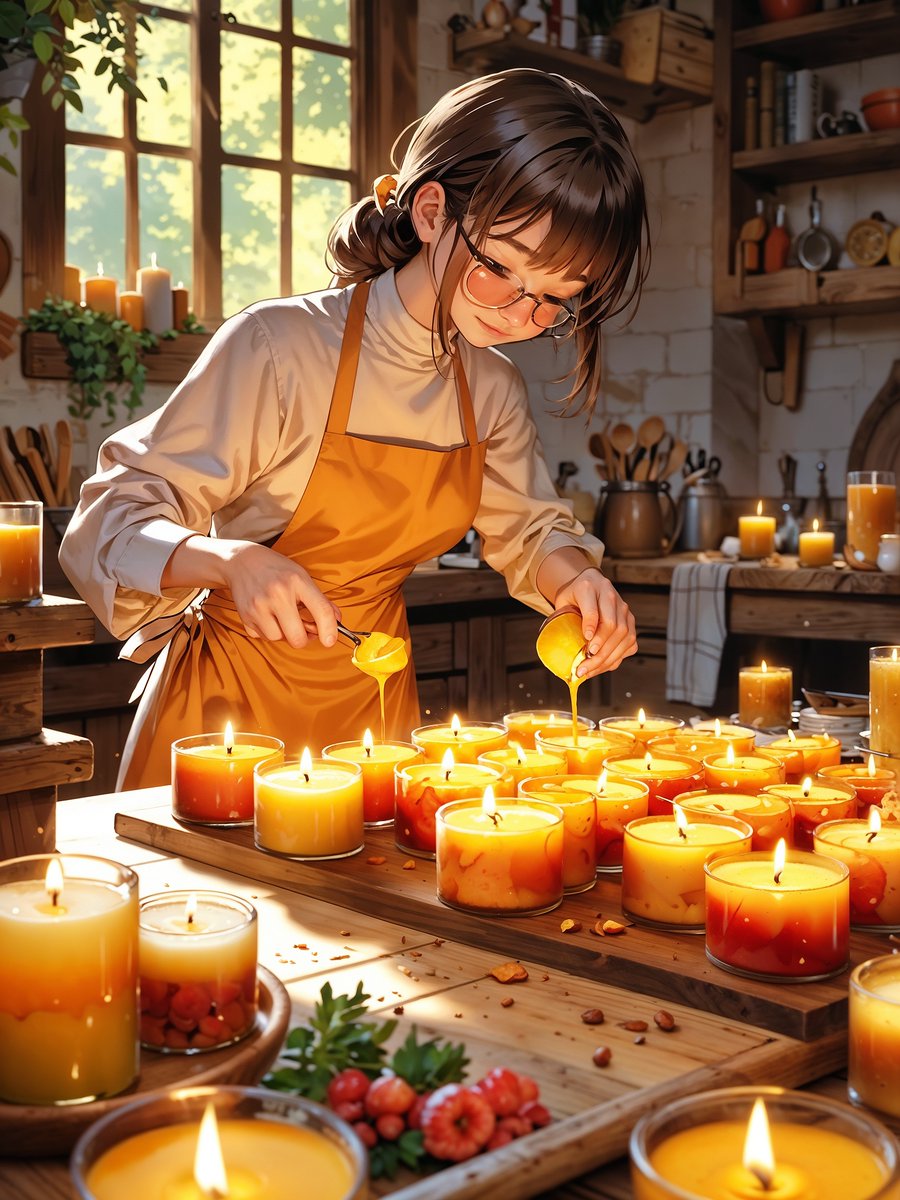 "Melting the wax and pouring it into molds. smells sweet with the scent of honey and flowers as she crafts colorful, fragrant candles."
🕯️🍯🌹
✨️ Please take a moment to Like, Comment, Share and Follow me.
#AIart #DigitalArt #Aiartist #Aiartcommunity
