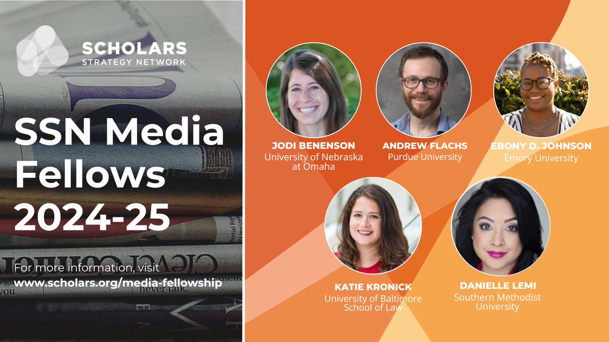 Scholars Strategy Network (bsky: @scholars.org) (@ssnscholars) on Twitter photo We're excited to announce the second cohort of SSN Media Fellows: <a href="/gojodi/">Jodi Benenson</a>, @DrFlachsophone, @D_Lemi, <a href="/ebonydj_/">Ebony D. Johnson</a>, and Katie Kronick! Over the next year, they’ll collaborate with network mentors to amplify their media impact.
Learn more: scholars.org/media-fellowsh… We're excited to announce the second cohort of SSN Media Fellows: <a href="/gojodi/">Jodi Benenson</a>, @DrFlachsophone, @D_Lemi, <a href="/ebonydj_/">Ebony D. Johnson</a>, and Katie Kronick! Over the next year, they’ll collaborate with network mentors to amplify their media impact.
Learn more: scholars.org/media-fellowsh…