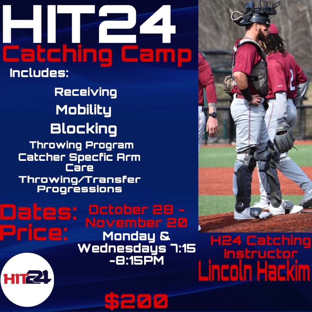 Lincoln (@lincolnhackim) on Twitter photo I am putting on a catchers camp!
•Mondays & Wednesdays
•7:15PM-8:15PM
•Oct. 28 - Nov. 20
•H24 - 350 State St #4B, Wadsworth, OH
44281
•All Ages
• ⚾️ & 🥎
*Sign Up Here! :
hit24.com/products/4-wee…
<a href="/HIT24_Official/">HIT24_Official</a> <a href="/H24Longhorns/">H24 Longhorns</a> I am putting on a catchers camp!
•Mondays & Wednesdays
•7:15PM-8:15PM
•Oct. 28 - Nov. 20
•H24 - 350 State St #4B, Wadsworth, OH
44281
•All Ages
• ⚾️ & 🥎
*Sign Up Here! :
hit24.com/products/4-wee…
<a href="/HIT24_Official/">HIT24_Official</a> <a href="/H24Longhorns/">H24 Longhorns</a>