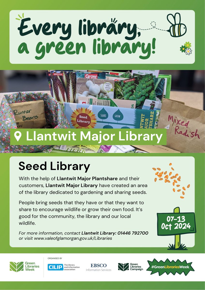 VOGLibraries's tweet image. Every Library, a Green Library! Did you know this week is #GreenLibrariesWeek?
Check out some of the great green efforts our libraries have to offer.
Llantwit Library's Seed Library
@llantwitlibrary @VOGCouncil