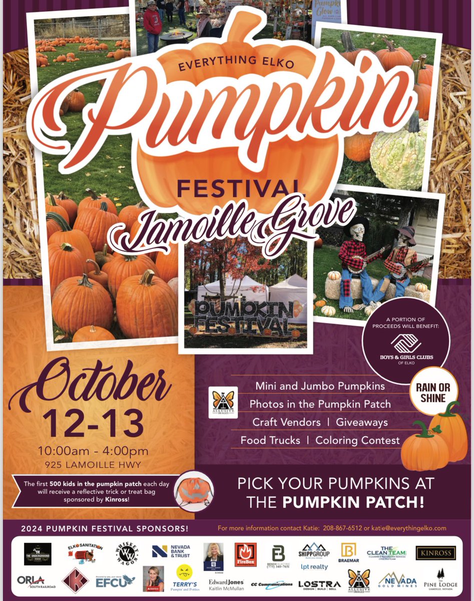 EverythingElko's tweet photo. 🎃The 2024 Pumpkin Festival is only 2️⃣ Days away! Join us this weekend in Lamoille Grove October 12&amp;13th for all of the fall fun! Free entry, come to eat, shop, and pick pumpkins in the patch. 10 am-4pm each day! https://t.co/gN9Cw3y19L