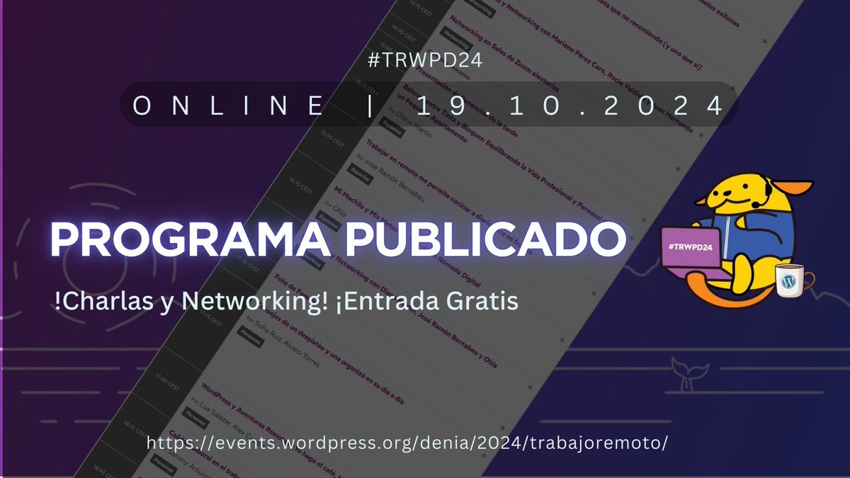 Ya está publicado el programa. En la web puedes ver más detalles. 
#TRWPD24  #trabajoremoto #WordPress #teletrabajo
<a href="/alexcuadr4/">$alexCuadra 🇳🇮</a> <a href="/lidivanarroyo/">Lidia Arroyo</a> <a href="/AngelZinsel/">Angel Zinsel</a> <a href="/juansegui/">Juan Seguí Moreno</a> <a href="/acceseo/">acceseo</a> <a href="/JosVelasco/">Jos Velasco 🏔</a> <a href="/sammy_arburola/">Sammy</a> <a href="/JulesCesarMx/">Julio Cesar Godinez</a> <a href="/PotenciaPro/">Potencia Pro</a> <a href="/LucusHost/">LucusHost</a> <a href="/ayudawp/">Ayuda WordPress</a> <a href="/ciudadanoB/">Juan Hernando</a> <a href="/rociovaldi/">Rocío Valdivia</a>