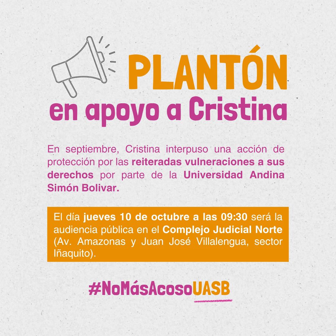 Solfalaz's tweet photo. Ahora @cristinaburneos está en la audiencia pública en #Quito 🫂debido a la acción que interpuso ante la @uasbecuador Institución que prefiere encaminar la vulneración de los derechos antes que defender y acompañar a maestras y estudiantes. 
#NoMásAcosoUASB https://t.co/SWjNL46EqC