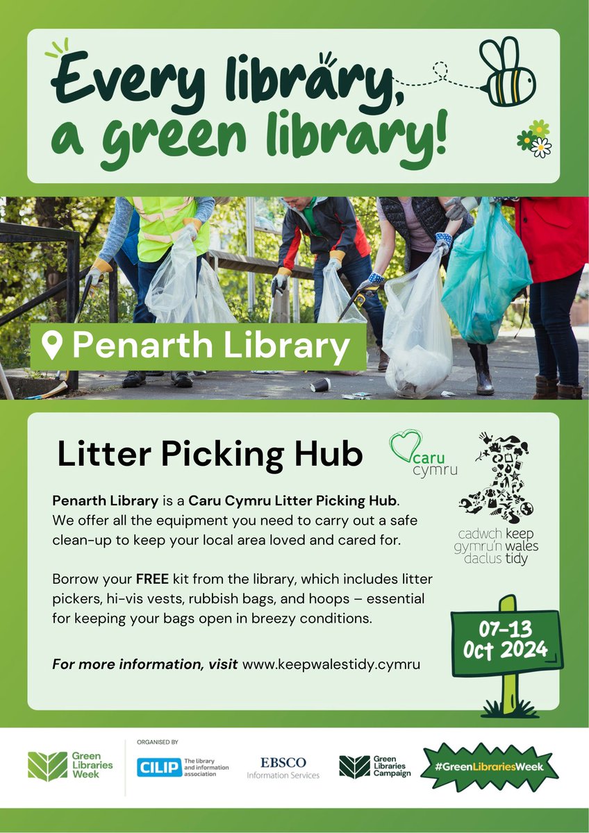 VOGLibraries's tweet image. Every Library, a Green Library! Did you know this week is #GreenLibrariesWeek?
Check out some of the great green efforts our libraries have to offer.
Litter Picking Hub in Penarth Library
@penarthlibrary @VOGCouncil