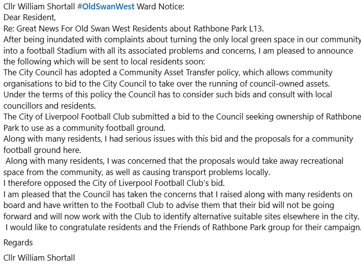 William_OldSwan's tweet image. Re: Great News For Old Swan West Residents about Rathbone Park L13. After being inundated with complaints about turning the only local green space in our community into a football Stadium with all its associated problems , I am pleased to announce the following 👇