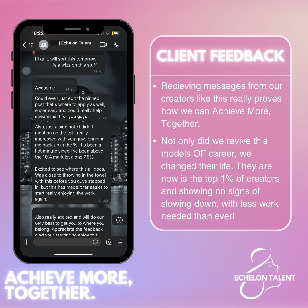 EchelonTalent_'s tweet photo. Receiving messages like this from our Creators makes doing what we do an absolute pleasure!✨

This particular model was ready to throw in the towel until we stepped in, now they are back and more motivated than ever! 

What if I told you that since receiving this message a few weeks back, this creator is now in to the top 1% of creators on OF. Shocking right? Not here it’s not. 

Want to know more? DM us or apply now at⬇️

https://t.co/dJN3orJPwl