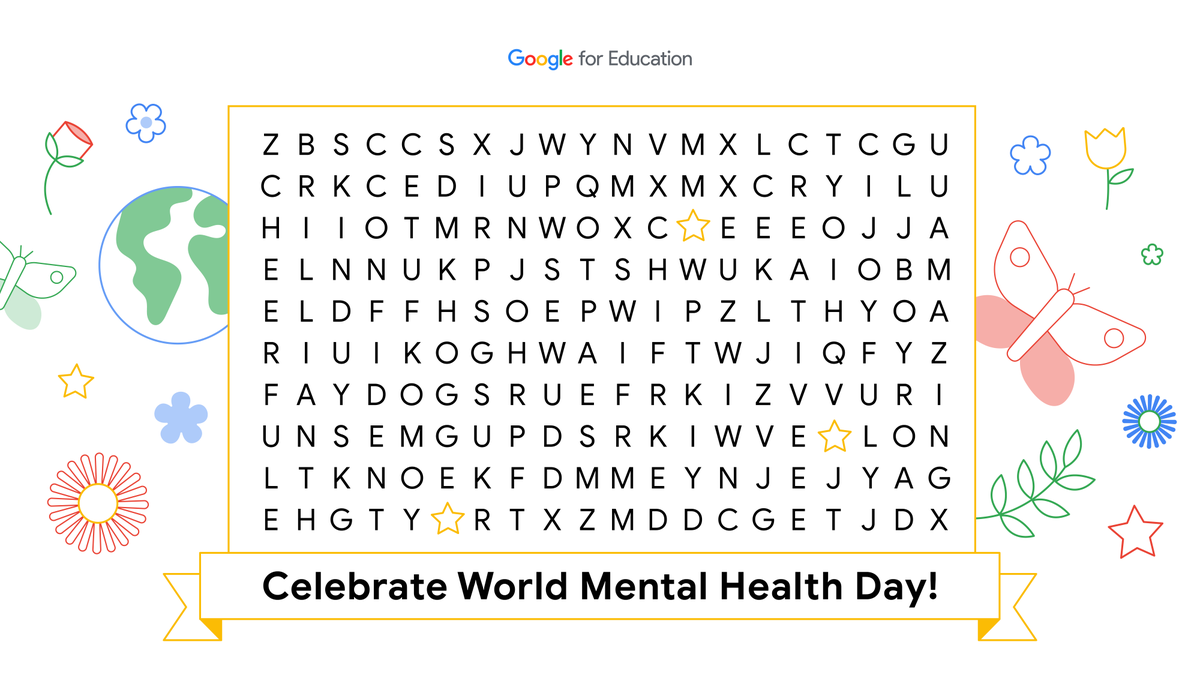 GoogleForEdu's tweet photo. This #WorldMentalHealthDay, let’s raise awareness and promote mental health. Explore our word search and tag an educator that resonates with the word you find ⬇️. Together, we can spread some positivity! https://t.co/luMVvrij2m