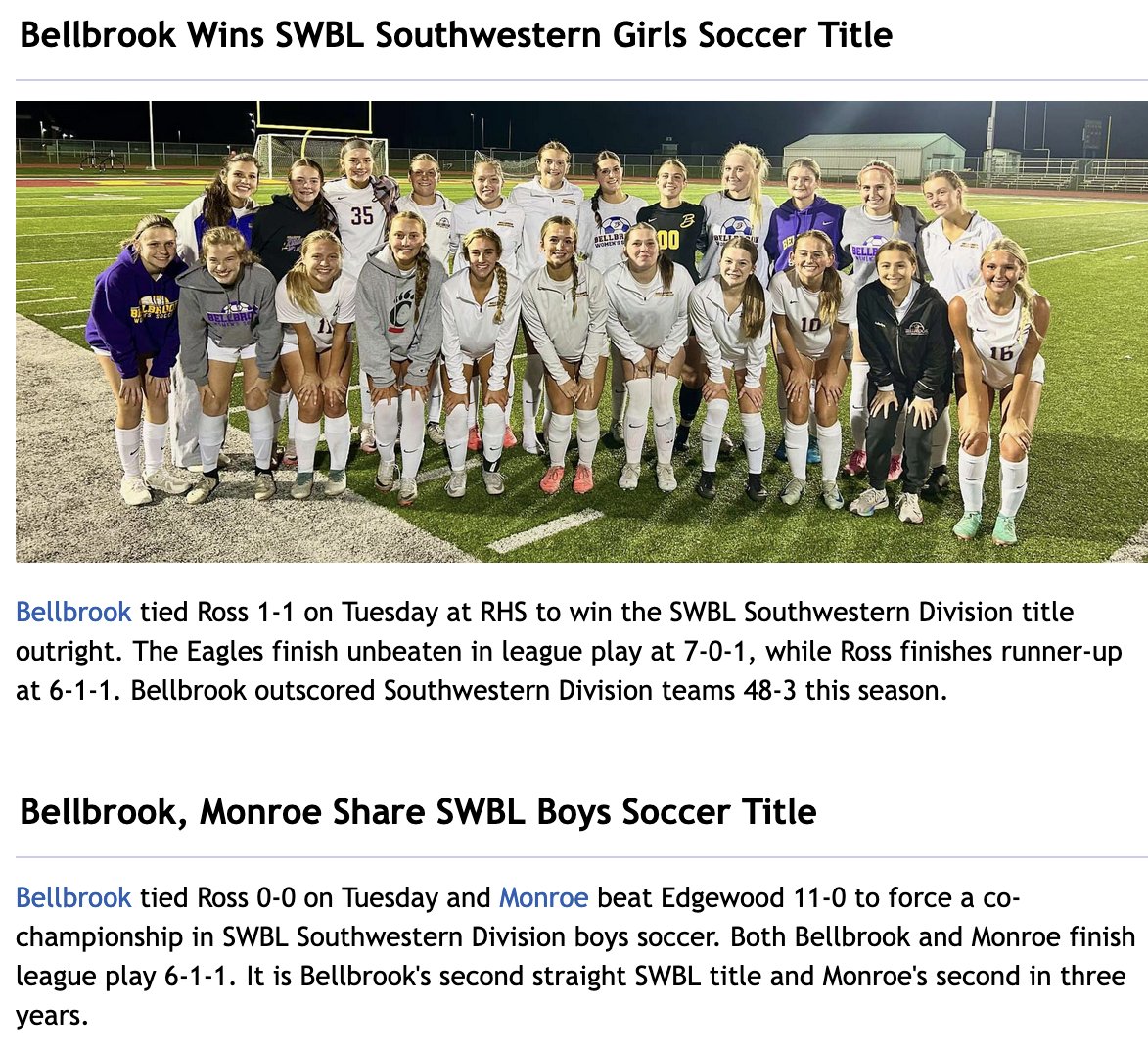 Southwestern Buckeye League (@swblsports) on Twitter photo Bellbrook, Monroe Win SWBL Soccer Titles swblsports.com <a href="/bellbrook_wsoc/">Bellbrook High School Women's Soccer</a> <a href="/HornetsInGame/">Monroe Athletics</a> <a href="/MonroeLSD/">Monroe Schools</a> <a href="/BellbrookSuper/">Doug Cozad</a> <a href="/BellbrookSchool/">Bellbrook-Sugarcreek Schools</a> <a href="/berryjohnt/">John Berry</a> <a href="/TheEdgeAthletic/">TheEdge_Athletics</a> <a href="/RossRamsAD/">Justin Beck</a> <a href="/bellbrook_hs/">Bellbrook High School</a> <a href="/MHS_Nets_Soccer/">Monroe High School Boys Soccer</a> <a href="/bellbrook_msoc/">Bellbrook Menβs Soccer</a> Bellbrook, Monroe Win SWBL Soccer Titles swblsports.com <a href="/bellbrook_wsoc/">Bellbrook High School Women's Soccer</a> <a href="/HornetsInGame/">Monroe Athletics</a> <a href="/MonroeLSD/">Monroe Schools</a> <a href="/BellbrookSuper/">Doug Cozad</a> <a href="/BellbrookSchool/">Bellbrook-Sugarcreek Schools</a> <a href="/berryjohnt/">John Berry</a> <a href="/TheEdgeAthletic/">TheEdge_Athletics</a> <a href="/RossRamsAD/">Justin Beck</a> <a href="/bellbrook_hs/">Bellbrook High School</a> <a href="/MHS_Nets_Soccer/">Monroe High School Boys Soccer</a> <a href="/bellbrook_msoc/">Bellbrook Menβs Soccer</a>