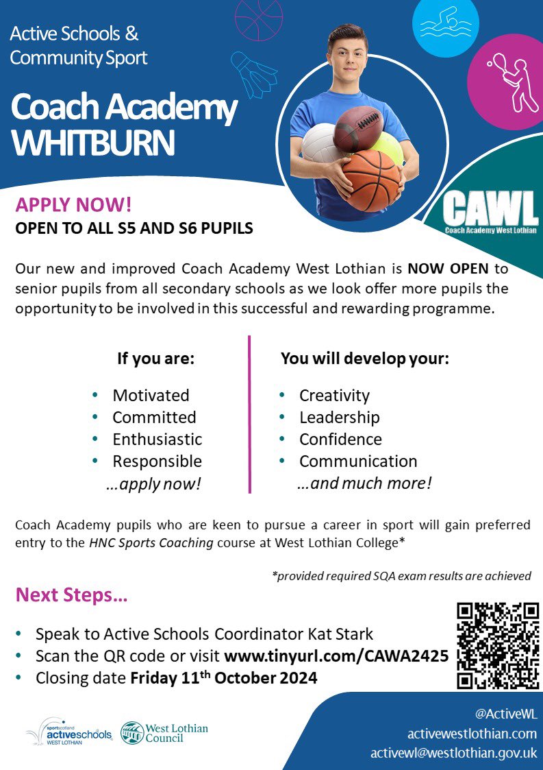 <a href="/ActiveS_Invera/">Active Schs Invy</a> <a href="/InveralmondC/">Inveralmond CHS</a> <a href="/InveralmondP/">Inveralmond PE Dept</a> <a href="/ActiveS_JamesY/">Active Schs JamesYng</a> <a href="/JamesYoungHS/">JYHS</a> <a href="/JyhsPe/">JYHS PE</a> <a href="/ActiveS_Lgow/">Active Schs Linlithgow</a> <a href="/Linlithgow_Acad/">Linlithgow Academy</a> <a href="/Linlithgow_PE/">Linlithgow PE Dept</a> <a href="/ASKentsCluster/">@ActiveS_StKents</a> <a href="/StKentAc/">St Kentigern's Academy</a> <a href="/StKentsPE/">St Kents PE Dept</a> <a href="/ActiveS_StMags/">Active Schs StMags</a> <a href="/StMargaretsAcad/">St Margaret's RC Academy</a> <a href="/ActiveS_Wcald/">Active Schs WestCald</a> <a href="/WestCalderHigh/">West Calder High</a> <a href="/WCHSHWB/">WCHS HealthWellbeing</a> COACH ACADEMY WHITBURN

🤝 Contact: 
<a href="/ActiveS_Wburn/">Active Schools Whitburn Cluster</a> 

🔗 Register:
tinyurl.com/CAWA2425

<a href="/WhitburnAC/">Whitburn Academy, WL</a> | @WAC_PE