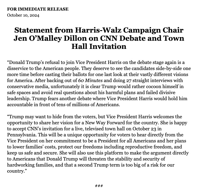 IanSams's tweet photo. NEW >> Harris accepts CNN Town Hall invite. JOD slams Trump ducking CNN debate as "disservice to the American people."

"It is clear Trump would rather cocoon himself in safe spaces and avoid real questions"

"Trump fears another debate where VP Harris would hold him accountable" https://t.co/tITa2jwjUk