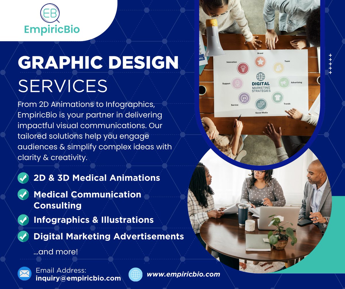 EmpiricBio's tweet photo. Need compelling visuals to engage your audience? Our Graphic Design & Visual Communications services include a range of creative solutions:

- 2D & 3D Medical Animations
- Motion Graphics
- Infographics & Illustrations
- Digital Marketing Advertisements

Let our team of expert designers help you communicate with impact and precision!

📥 Discover more at https://t.co/mGoGCoLm1C

#GraphicDesign #HealthcareVisuals #CreativeStrategy #EmpiricBio