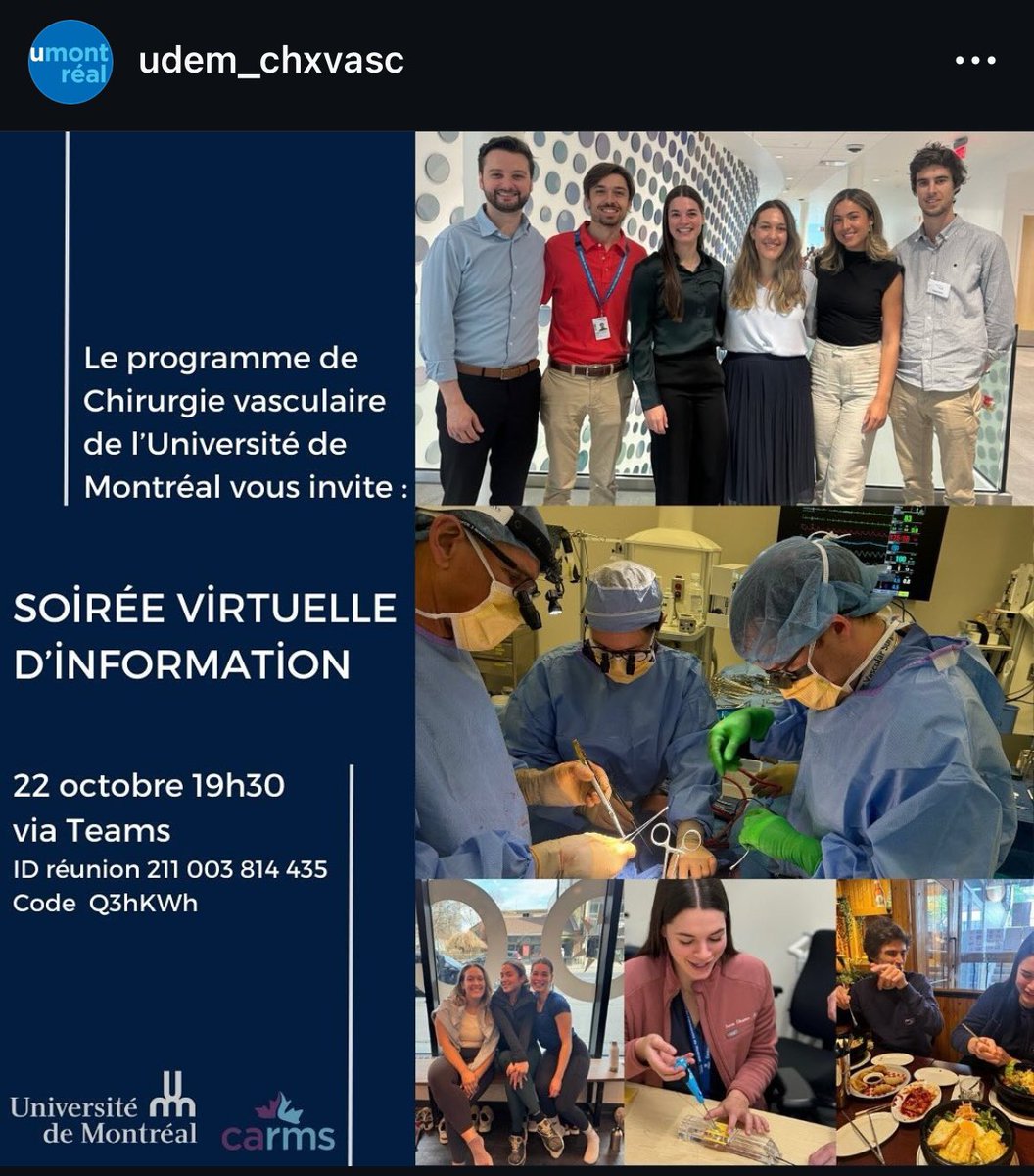 Laura Marie Drudi, MD, MSc, FRCSC (@aeromd) on Twitter photo Venez nous rejoindre pour notre soirée d’information pour le programme de chirurgie vasculaire de l’UdeM
Come and join us for our virtual vascular surgery residency information night <a href="/UMontreal/">Université de Montréal</a> <a href="/med_umontreal/">Faculté de médecine</a> Venez nous rejoindre pour notre soirée d’information pour le programme de chirurgie vasculaire de l’UdeM
Come and join us for our virtual vascular surgery residency information night <a href="/UMontreal/">Université de Montréal</a> <a href="/med_umontreal/">Faculté de médecine</a>