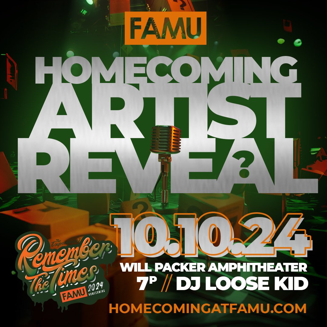 FAMU_1887's tweet photo. Are you ready? 🔥 Come out to the Will Packer Amphitheater TONIGHT at 7 p.m. for the release of the official lineup for the comedy show, gospel and homecoming concert. 

Drop in the comments who you think might perform.

#FAMU #FAMUHC24 #FAMUHomecoming #RememberTheTimes https://t.co/llfADLHc4y