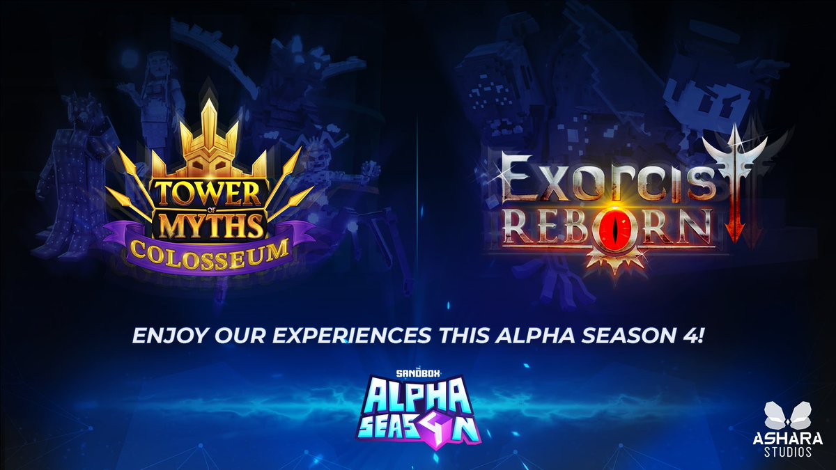 🎉 We're thrilled to participate in "Alpha Season 4" with our games! 🕹️✨

Explore the terror in Exorcist Reborn 👻 and unleash your creativity in Tower of Myths: Colosseum 🏛️🎨. Don’t miss out!

#AlphaSeason4 #TheSandbox #ExorcistReborn #TowerOfMyths #Metaverse