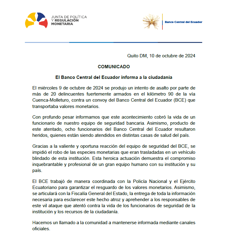 BancoCentral_Ec's tweet photo. COMUNICADO

El Banco Central del Ecuador informa a la ciudadanía sobre el intento de asalto a su convoy en el kilómetro 90 de la vía Cuenca-Molleturo.

Más información▶️ https://t.co/M85s1JneoS