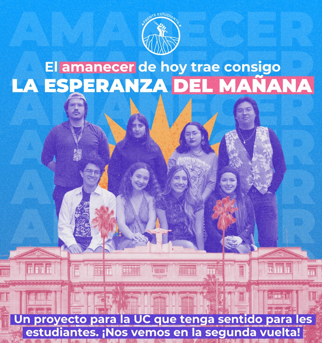 La lista Amanecer avanza a la segunda vuelta como la primera mayoría. ¡Estamos emocionados por este proyecto para la UC que realmente tenga sentido para les estudiantes! 🫶