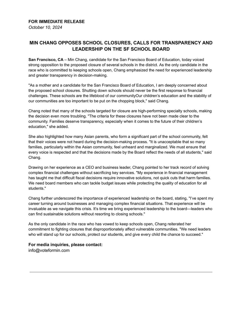 PRESS RELEASE: I’m the only candidate for the SF board committed to keeping schools opened. We can’t solve our physical crisis by closing schools, and our community deserves transparency in this process. I’ll keep fighting for our kids. #SFUSD