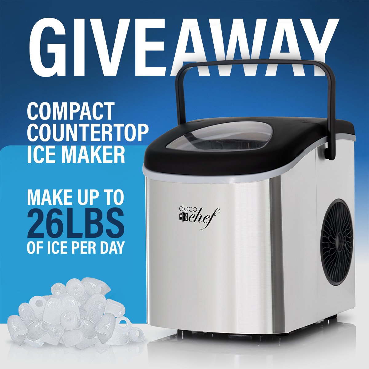 BUYDIG's tweet photo. 💥COMPACT COUNTERTOP ICE MAKER GIVEAWAY💥 

To enter:
1. FOLLOW US
2. LIKE &amp; RT this post
3. TAG a friend who would love to win! (more tags= more entries)

**US participants only

Winner selected Dec 15th

#icemaker #decochef #icemakers https://t.co/j6BS6HzdsC