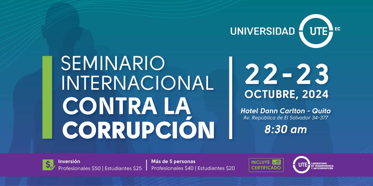 UTEoficial's tweet photo. 📢 Participa en el Seminario Internacional contra la Corrupción de la Universidad UTE.
🌍 Expertos globales en crimen organizado y captura del estado.
🗓️ 22 y 23 de octubre
Regístrate: https://t.co/F9QvwLmCGR
#LabTA #CrimenOrganizado #Corrupción https://t.co/UlqLV0JVfN