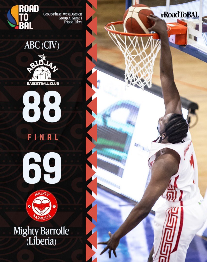 Africabasket1's tweet photo. 🔥 𝗥𝗼𝗮𝗱 𝗧𝗼 𝗕𝗔𝗟 𝟮𝟬𝟮𝟱: 𝗙𝗶𝗻𝗮𝗹 𝗥𝗲𝘀𝘂𝗹𝘁

Côte D’Ivoire 🇨🇮 powerhouse ABC (@ABC_Fighters), in dominating fashion, led throughout the entire game to beat Mighty Barrolle 🇱🇷, 88-69. 

𝗡𝗲𝘅𝘁: ABC take on the Spintex Knights, from Ghana 🇬🇭 https://t.co/a1sv8dRi1w