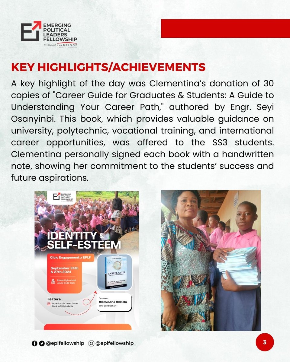 On September 24, 2024, Clementina Busayo Odetola led an impactful civic engagement session at Estate High School, Shagari, Akure, Ondo State, centered on the theme "Identity and Self-Esteem."