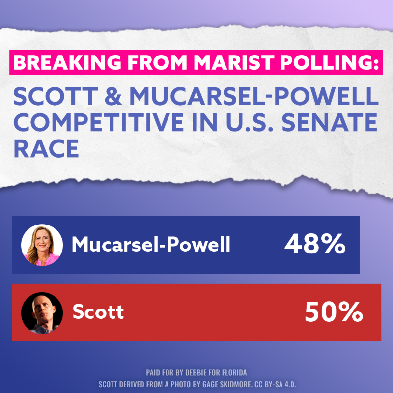 DebbieforFL's tweet photo. 🚨New poll alert🚨 A new Marist poll has us statistically tied with Rick Scott. I’ve said it all along: Florida is in play. I know it, and Rick Scott knows it. I need you with me if we’re going to win. Can you chip in $10 towards my rapid response goal right now?