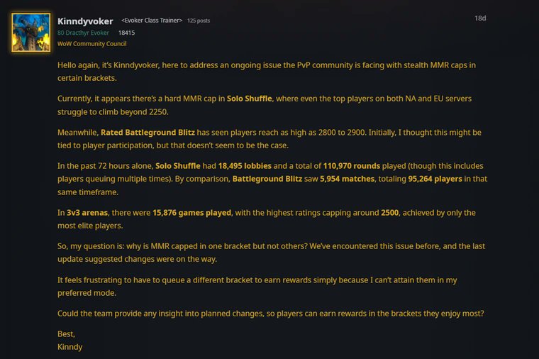 ElliottVenczel's tweet photo. A community council member provides well-written, thoughtful posts on the current issues surrounding MMR issues with Solo Shuffle, and they're completely ignored.

This issue at least deserves a response and some attention.

https://t.co/gVkj1Nth9Q https://t.co/uCF0akmnbQ